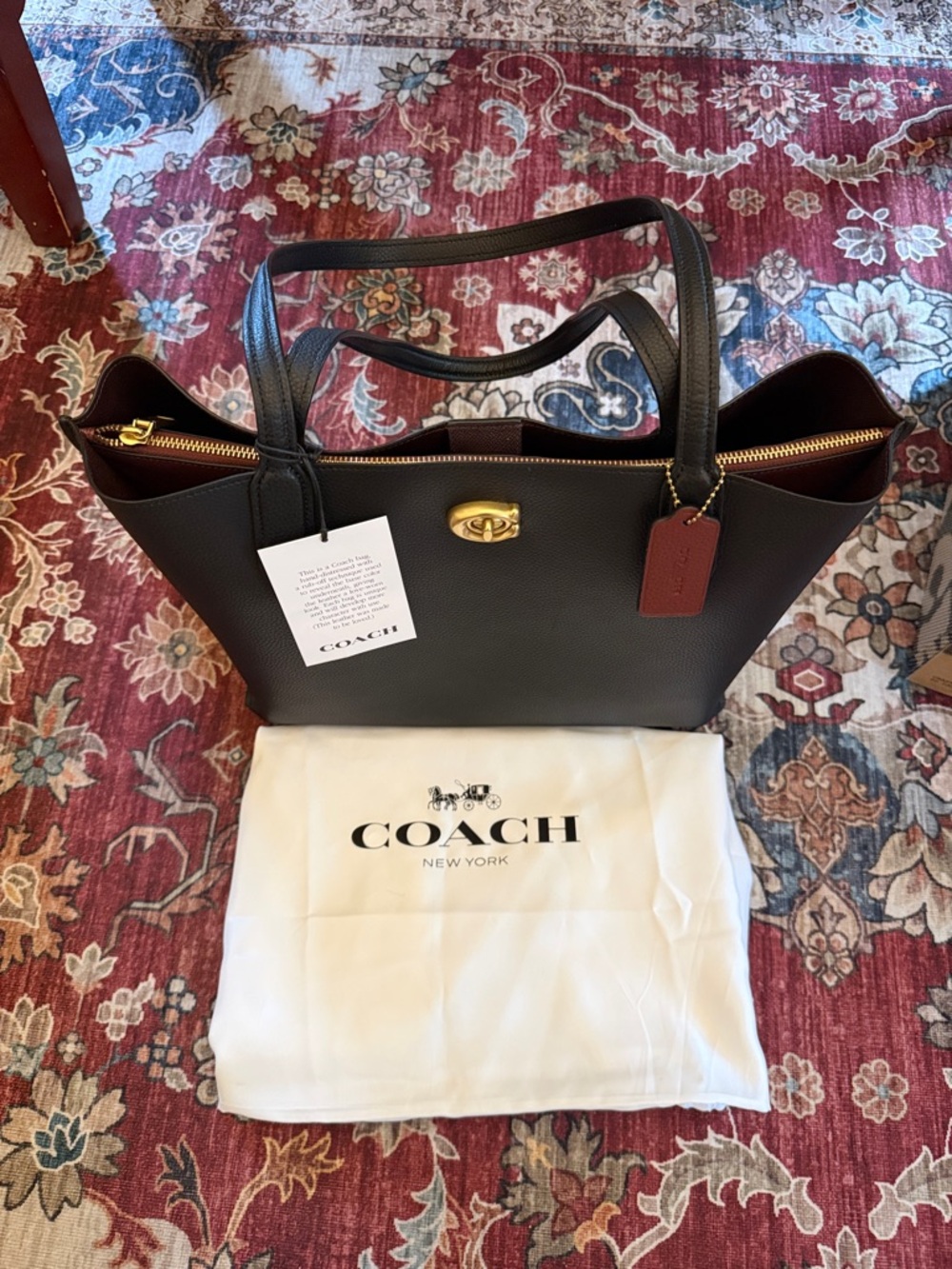 Coach Black Pebbled Leather Willow Tote with Gold Hardware and Burgundy Tag